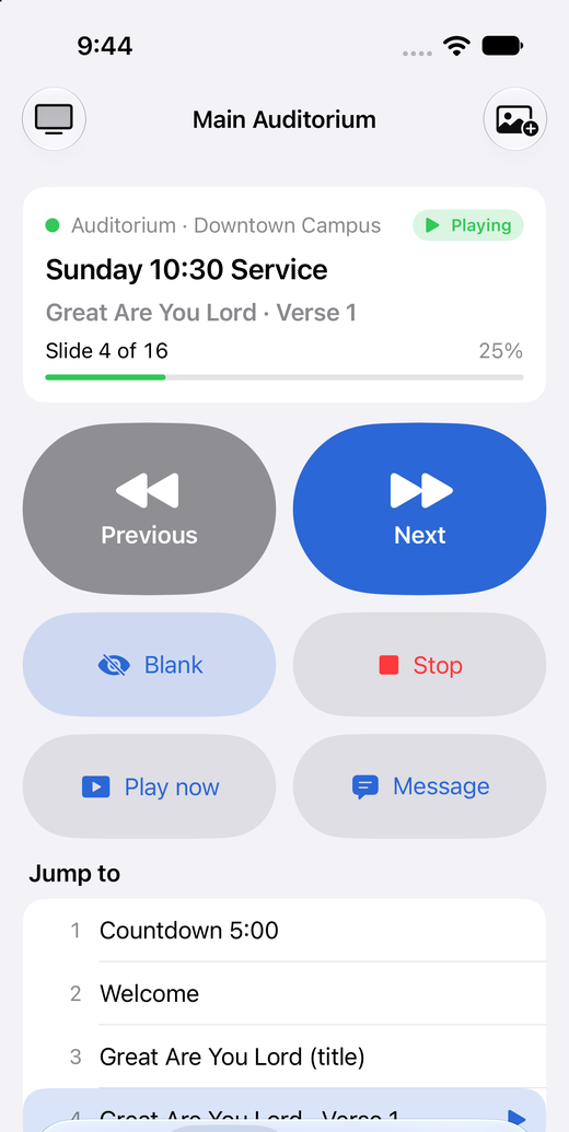 The Church TV OS remote on an iPhone, showing Next, Previous, Blank and a list of slides to jump to