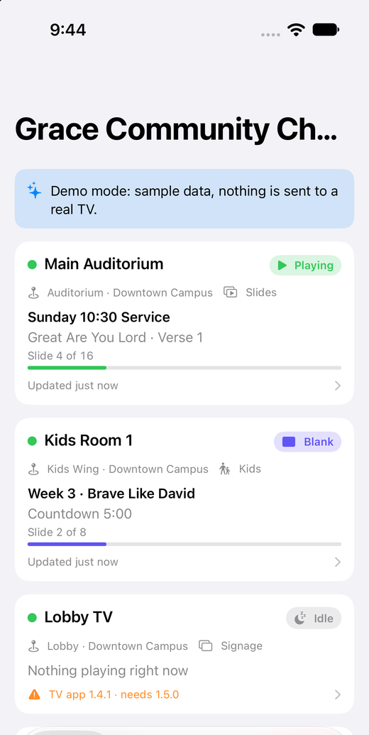 The Church TV OS app on an iPhone listing four screens and what each one is showing