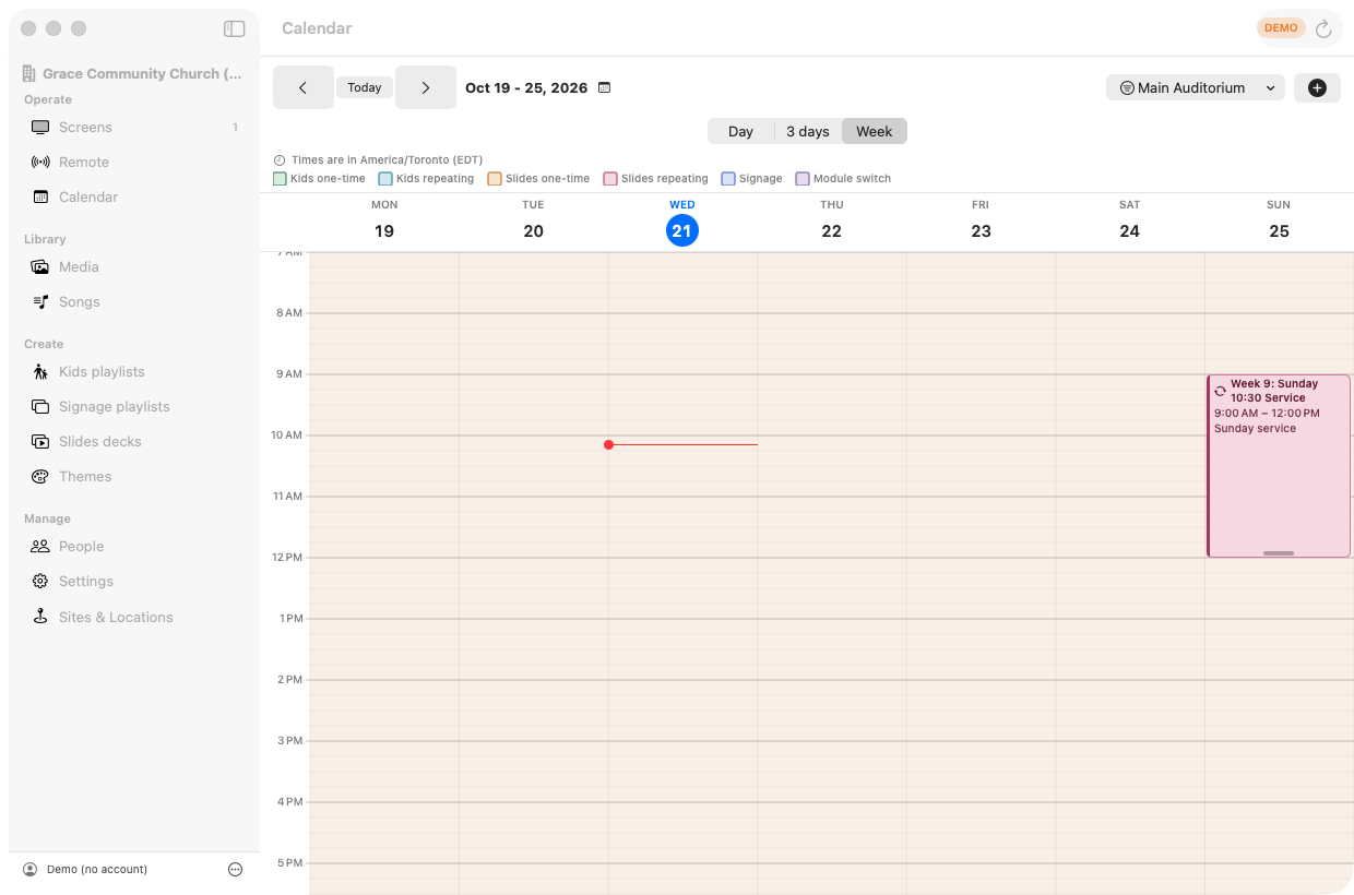The calendar on the Mac app, showing a week with a repeating Sunday service deck scheduled
