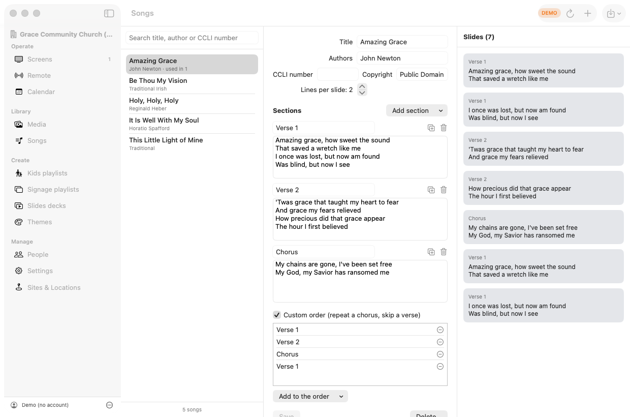 The song library on the Mac app: lyrics by section, a custom play order, and the slides they become