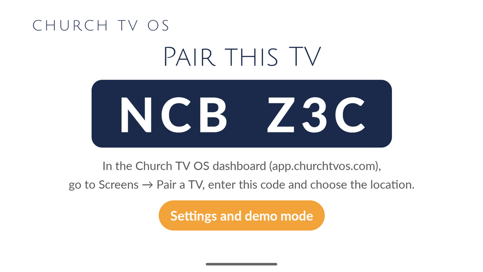 The pairing screen on a TV, showing a six-character code and instructions